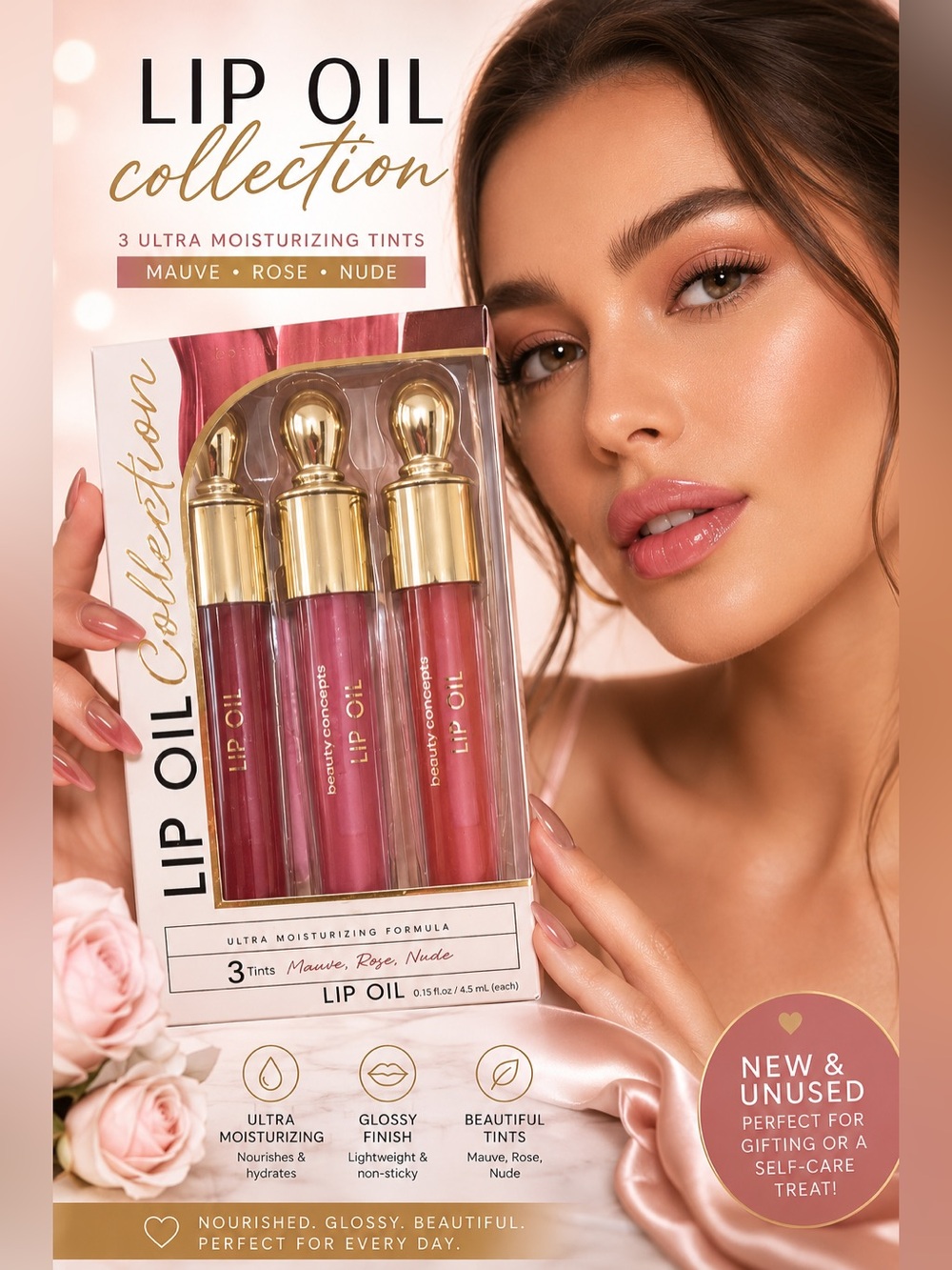 Roxy Lip Oil Trio — Mauve, Rose, Nude